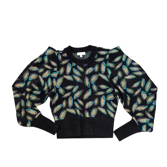 RONNY KOBO Black Leaf Statement Sweater Puff Shoulder Metallic Sparkle Small - Picture 5 of 9